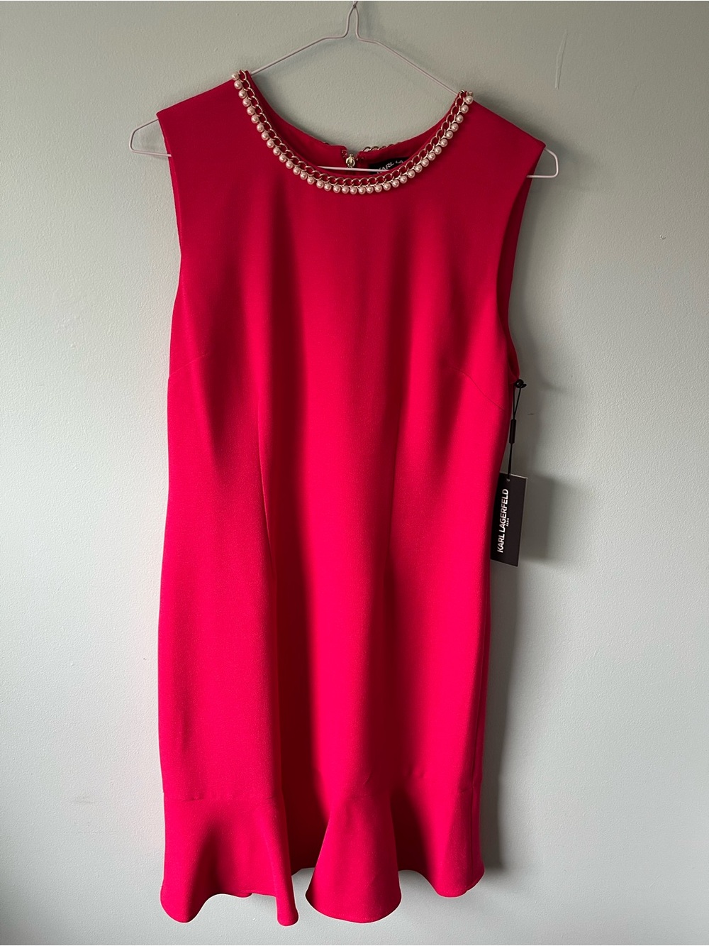 Karl Lagerfeld Hot Pink Pearl-Trim Sleeveless Shift Dress